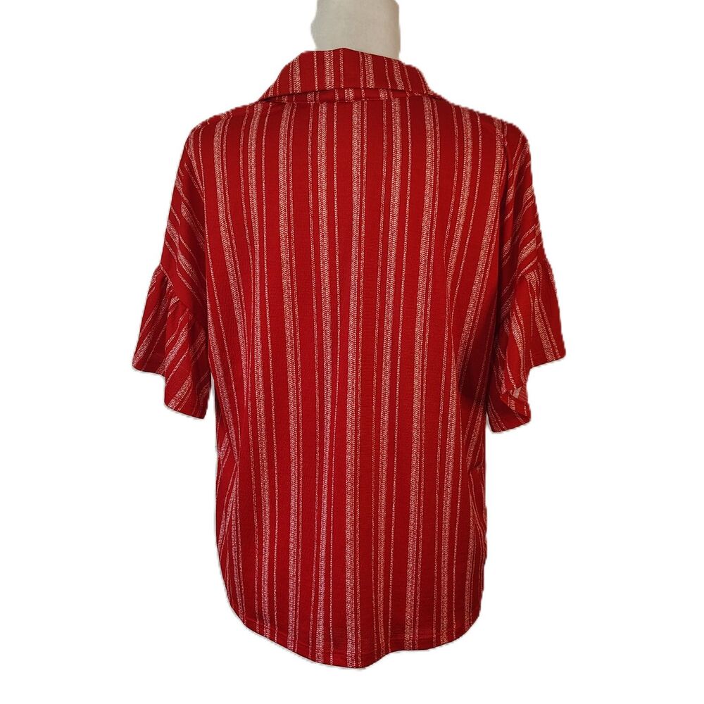 Luxology Large Women's Red Striped Button-Up Ruffle Short Sleeve Blouse Shirt - Picture 5 of 7